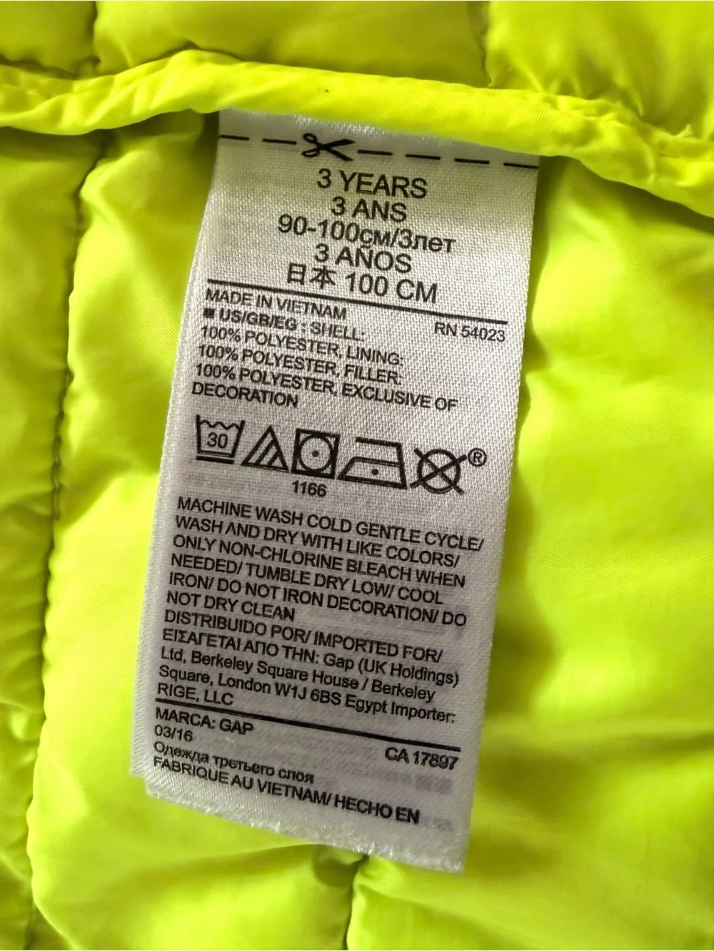 Baby Gap Toddler 3T Neon Yellow/Green Quilted Hooded Puffer Jacket